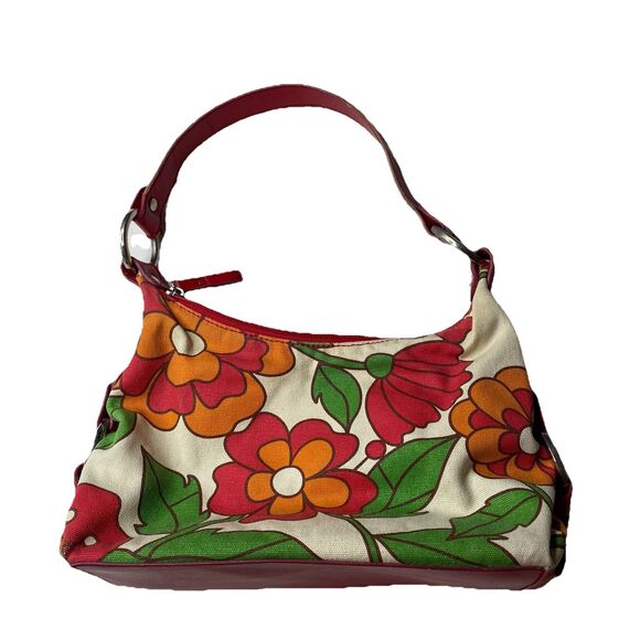 Vintage Tommy Hilfiger Red Orange Flowers Floral Canvas Satchel Purse - Picture 1 of 12